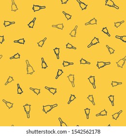 Blue line Ringing bell icon isolated seamless pattern on yellow background. Alarm symbol, service bell, handbell sign, notification symbol.  Vector Illustration