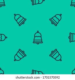 Blue line Ringing bell icon isolated seamless pattern on green background. Alarm symbol, service bell, handbell sign, notification symbol.  Vector Illustration