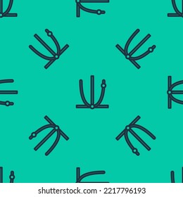Blue line Ringing bell icon isolated seamless pattern on green background. Alarm symbol, service bell, handbell sign, notification symbol.  Vector Illustration