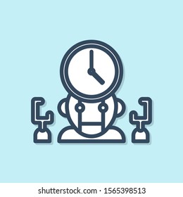 Blue line Robot and digital time manager icon isolated on blue background. Time management assistance, workflow optimization help.  Vector Illustration