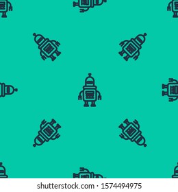 Blue line Robot icon isolated seamless pattern on green background.  Vector Illustration
