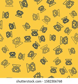 Blue line Robot icon isolated seamless pattern on yellow background.  Vector Illustration