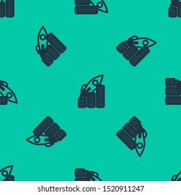 Blue line Rocket flying up on coins growth chart icon isolated seamless pattern on green background. Graph that shows increase in sales.  Vector Illustration