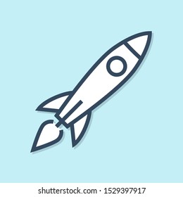 Blue line Rocket ship with fire icon isolated on blue background. Space travel.  Vector Illustration