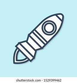 Blue line Rocket ship with fire icon isolated on blue background. Space travel.  Vector Illustration