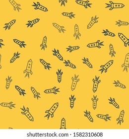Blue line Rocket ship with fire icon isolated seamless pattern on yellow background. Space travel.  Vector Illustration