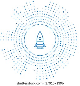 Blue line Rocket ship icon isolated on white background. Space travel. Abstract circle random dots. Vector Illustration
