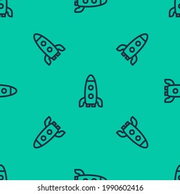 Blue line Rocket ship icon isolated seamless pattern on green background. Space travel.  Vector