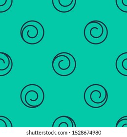 Blue line Roll bun with cinnamon icon isolated seamless pattern on green background. Bakery products.  Vector Illustration