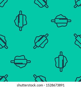 Blue line Rolling pin icon isolated seamless pattern on green background.  Vector Illustration