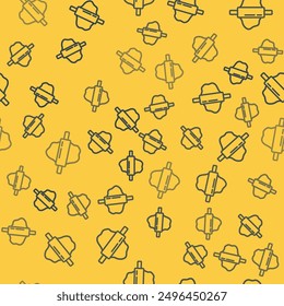 Blue line Rolling pin on dough icon isolated seamless pattern on yellow background.  Vector