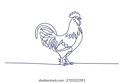 Eine blaue Linie eines Hahns, der auf einer horizontalen Linie steht, Hühnervogel Linie Umriss