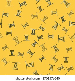 Línea azul Girar taladro cavando un agujero en un icono de tierra aislado patrón sin fisuras en el fondo amarillo. Ilustración vectorial