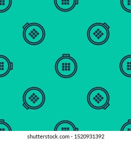 Blue line Round adjustable embroidery hoop icon isolated seamless pattern on green background. Thread and needle for embroidery.  Vector Illustration