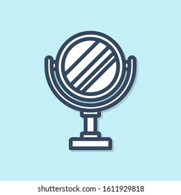 Blue line Round makeup mirror icon isolated on blue background.  Vector Illustration