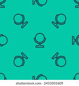 Línea azul Icono de espejo de maquillaje redondo aislado patrón sin fisuras sobre fondo verde.  Ilustración vectorial