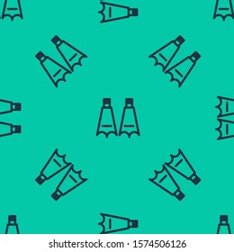Blue line Rubber flippers for swimming icon isolated seamless pattern on green background. Diving equipment. Extreme sport. Diving underwater equipment.  Vector Illustration
