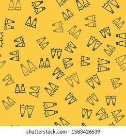 Blue line Rubber flippers for swimming icon isolated seamless pattern on yellow background. Diving equipment. Extreme sport. Diving underwater equipment.  Vector Illustration