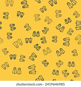 Blue line Rubber flippers for swimming icon isolated seamless pattern on yellow background. Diving equipment. Extreme sport. Diving underwater equipment.  Vector