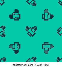 Blue line Rubber gloves icon isolated seamless pattern on green background. Latex hand protection sign. Housework cleaning equipment symbol.  Vector Illustration