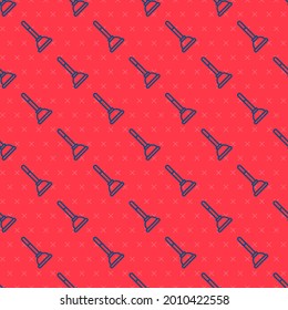 Blue line Rubber plunger with wooden handle for pipe cleaning icon isolated seamless pattern on red background. Toilet plunger.  Vector