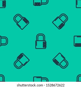 Blue line Safe combination lock icon isolated seamless pattern on green background. Combination padlock. Security, safety, protection, password, privacy.  Vector Illustration
