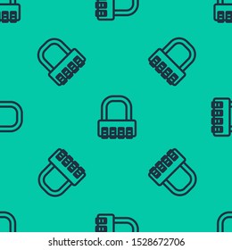 Blue line Safe combination lock icon isolated seamless pattern on green background. Combination padlock. Security, safety, protection, password, privacy.  Vector Illustration
