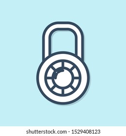 Blue line Safe combination lock wheel icon isolated on blue background. Combination padlock. Security, safety, protection, password, privacy.  Vector Illustration