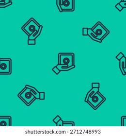 Blue line Safe in hand icon isolated seamless pattern on green background. Insurance concept. Security, safety, protection, protect concept.  Vector