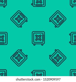 Blue line Safe icon isolated seamless pattern on green background. The door safe a bank vault with a combination lock. Reliable Data Protection.  Vector Illustration