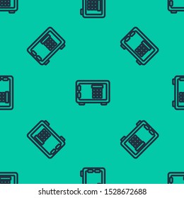 Blue line Safe icon isolated seamless pattern on green background. The door safe a bank vault with a combination lock. Reliable Data Protection.  Vector Illustration