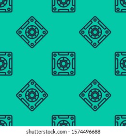 Blue line Safe icon isolated seamless pattern on green background. The door safe a bank vault with a combination lock. Reliable Data Protection.  Vector Illustration