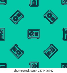 Blue line Safe icon isolated seamless pattern on green background. The door safe a bank vault with a combination lock. Reliable Data Protection.  Vector Illustration