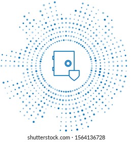 Blue line Safe with shield icon isolated on white background. Insurance concept. Security, safety, protection, protect concept. Abstract circle random dots. Vector Illustration