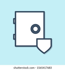 Blue line Safe with shield icon isolated on blue background. Insurance concept. Security, safety, protection, protect concept.  Vector Illustration