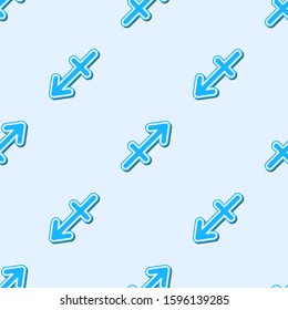 Blue line Sagittarius zodiac sign icon isolated seamless pattern on grey background. Astrological horoscope collection.  Vector Illustration