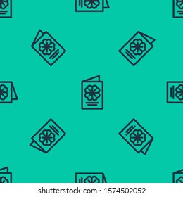 Blue line Saint Patricks Day party flyer, brochure, holiday invitation, postcard, corporate celebration icon isolated seamless pattern on green background.  Vector Illustration
