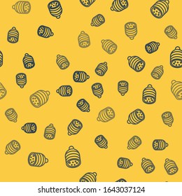 Blue line Salami sausage icon isolated seamless pattern on yellow background. Meat delicatessen product.  Vector Illustration