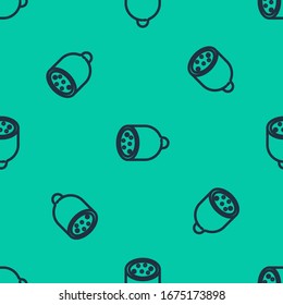 Blue line Salami sausage icon isolated seamless pattern on green background. Meat delicatessen product.  Vector Illustration