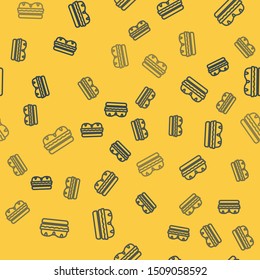 Blue line Sandwich icon isolated seamless pattern on yellow background. Hamburger icon. Burger food symbol. Cheeseburger sign. Street fast food menu.  Vector Illustration