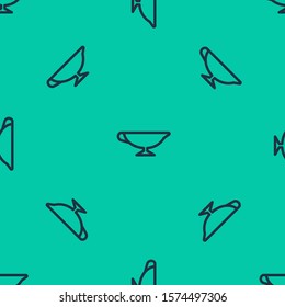 Blue line Sauce boat icon isolated seamless pattern on green background. Sauce bowl.  Vector Illustration