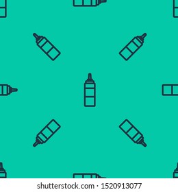 Blue line Sauce bottle icon isolated seamless pattern on green background. Ketchup, mustard and mayonnaise bottles with sauce for fast food.  Vector Illustration