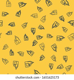 Blue line Sauce bottle icon isolated seamless pattern on yellow background. Ketchup, mustard and mayonnaise bottles with sauce for fast food.  Vector Illustration