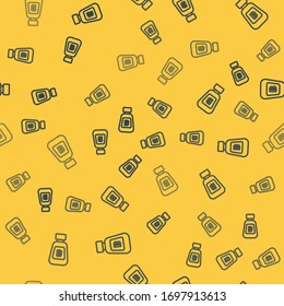 Icono del frasco de Sauce de línea azul aislado sin fisuras en fondo amarillo. Botellas de Ketchup, mostaza y mayonesa con salsa para comida rápida. Ilustración vectorial