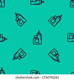 Blue line Sauce bottle icon isolated seamless pattern on green background. Ketchup, mustard and mayonnaise bottles with sauce for fast food.  Vector Illustration