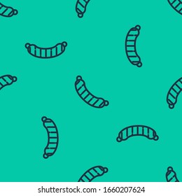 Blue line Sausage icon isolated seamless pattern on green background. Grilled sausage and aroma sign.  Vector Illustration