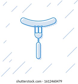 Blue line Sausage on the fork icon isolated on white background. Grilled sausage and aroma sign.  Vector Illustration