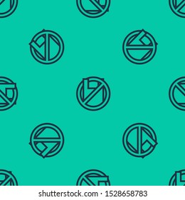 Blue line Say no to plastic bags poster icon isolated seamless pattern on green background. Disposable cellophane and polythene package prohibition sign.  Vector Illustration