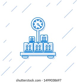 Blue line Scale with cardboard box icon isolated on white background. Logistic and delivery. Weight of delivery package on a scale.  Vector Illustration