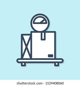Blue line Scale with cardboard box icon isolated on blue background. Logistic and delivery. Weight of delivery package on a scale.  Vector Illustration